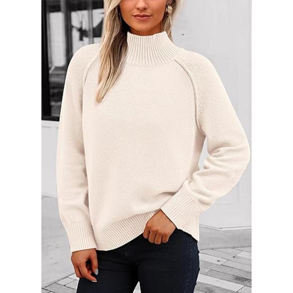KIRUNDO Women's Turtleneck Sweater S‎ Beige Raglan Sleeve Chunky Knit Pullover